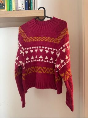 Women's Maroon Fair Isle Knit Sweater - Unbranded